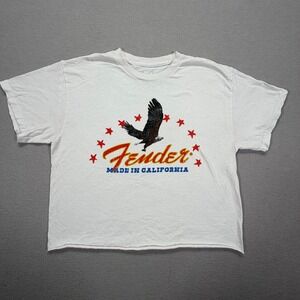 Fender Graphic T-Shirt Womens Medium Good White Vintage Cropped Raw Hem Eagle